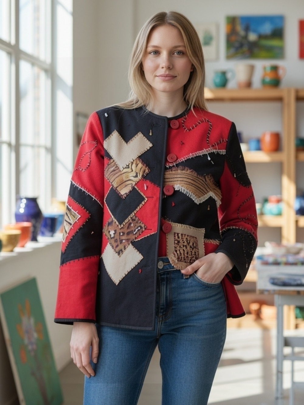 Patchwork Button-Front Blazer in Red and Black